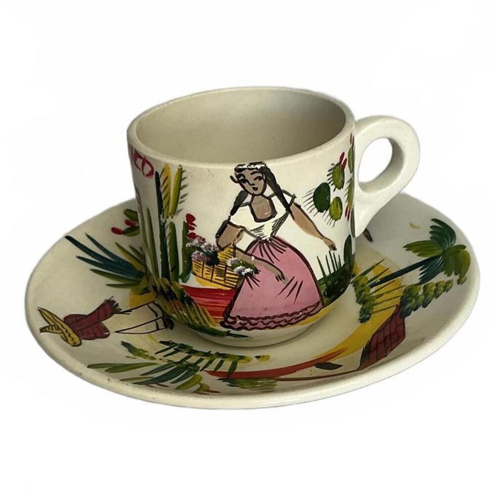 Hand-Painted Mexican Ceramic Espresso Cup and Saucer Set